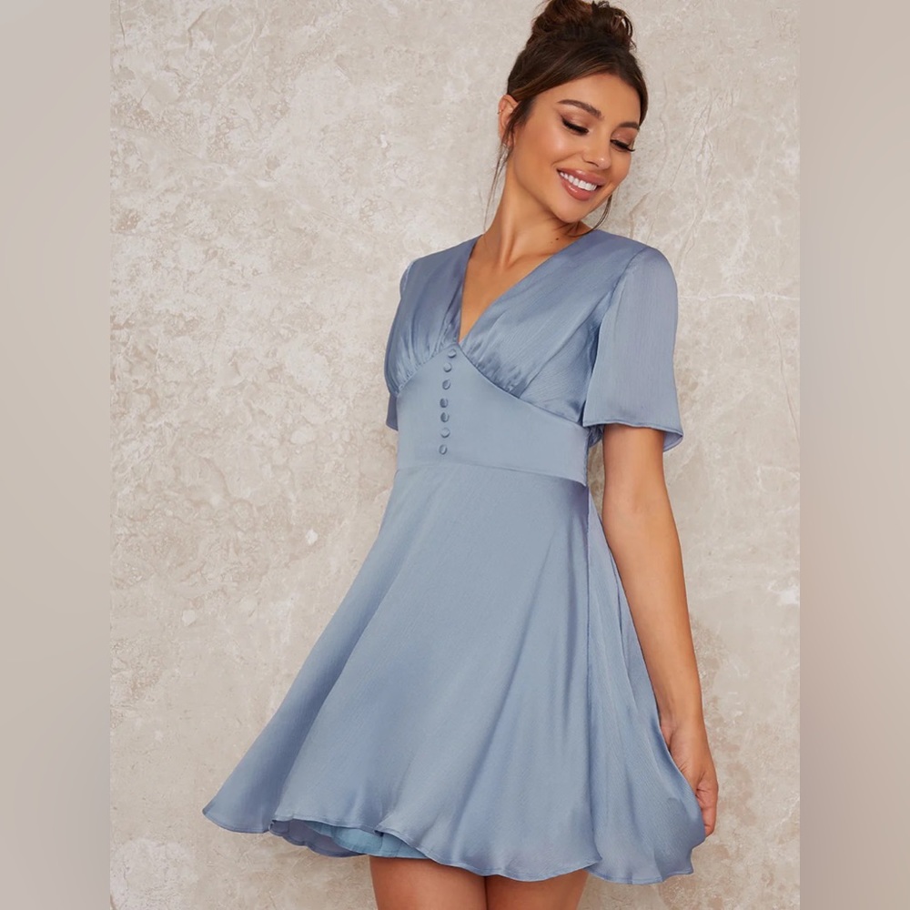 Chi Chi London Mini Day Dress with Angel Sleeves in Blue- UK size 14 (US 10)